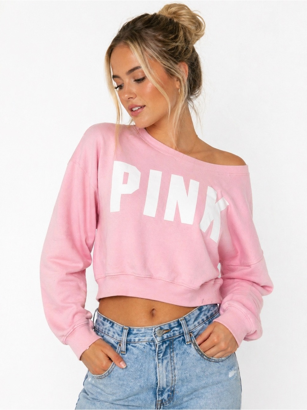 Victoria’s Secret PINK Luxe Cropped Sweatshirt Blush pink Logo Pullover S - Picture 2 of 5